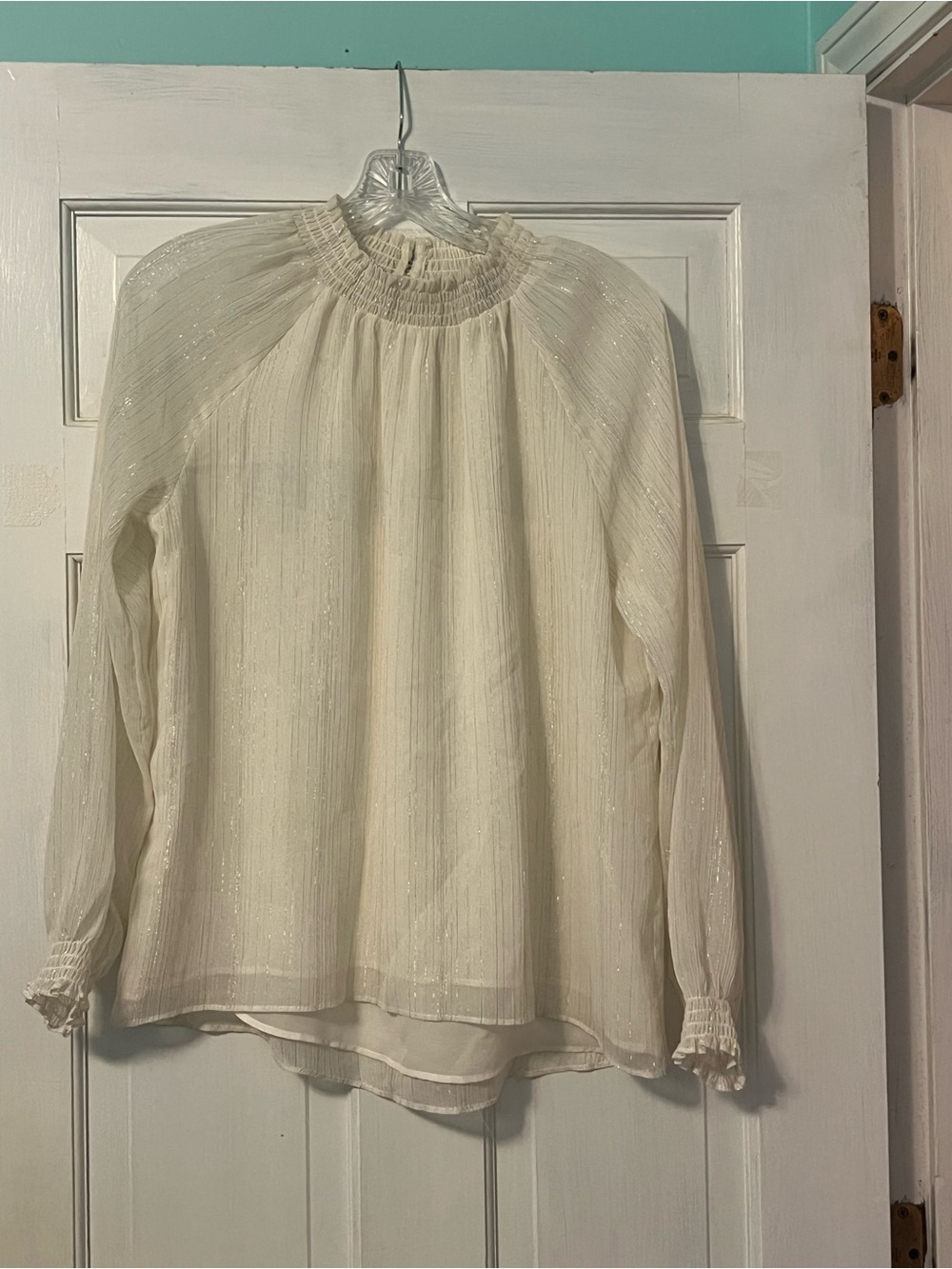 Ellen Tracy Ivory Smocked-Neck Long Sleeve Blouse